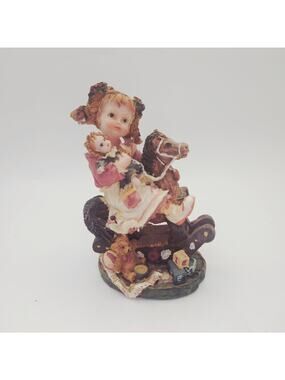 Girl on Rocking Horse with Doll Figurine Toys Vintage Style Resin Nursery Decor